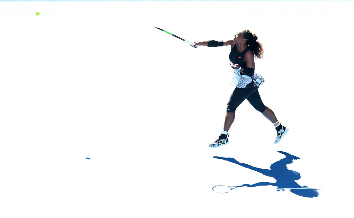Serena Williams serving the ball.