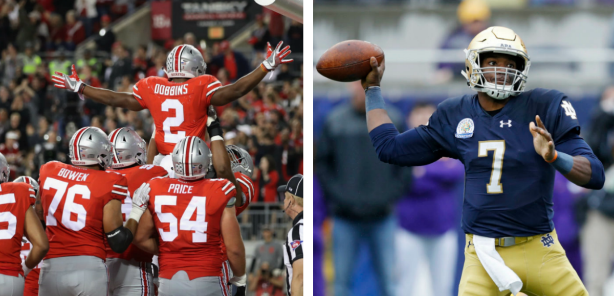 A split screen of Notre Dame and Ohio State.