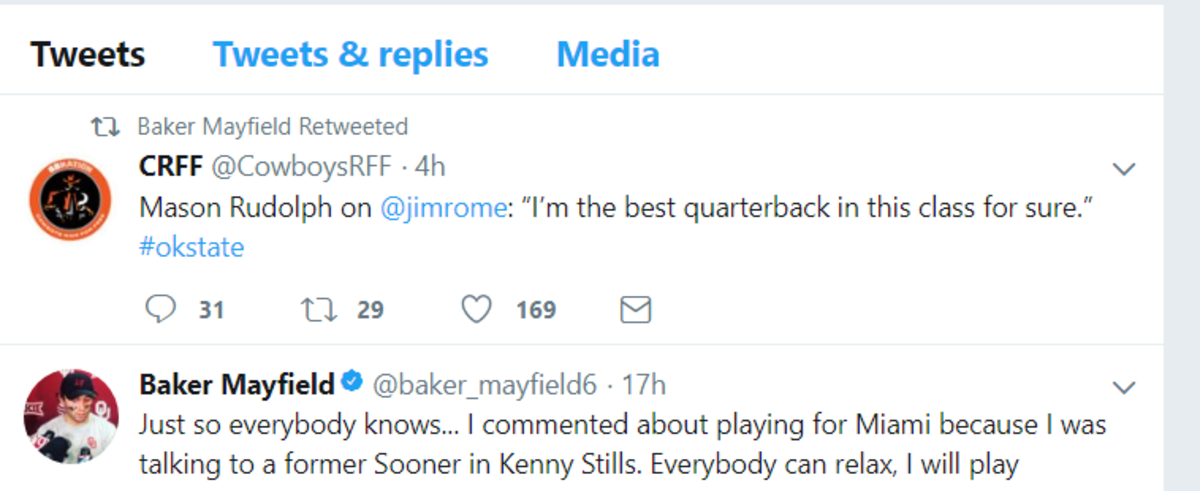Baker Mayfield tweeting about Miami.