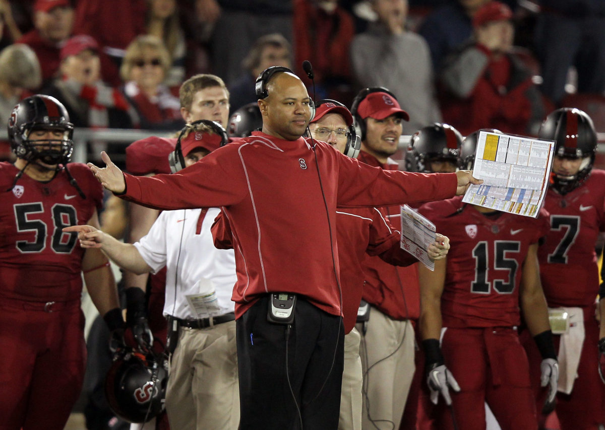 A closeup of Stanford coach David Shaw on the sideline.
