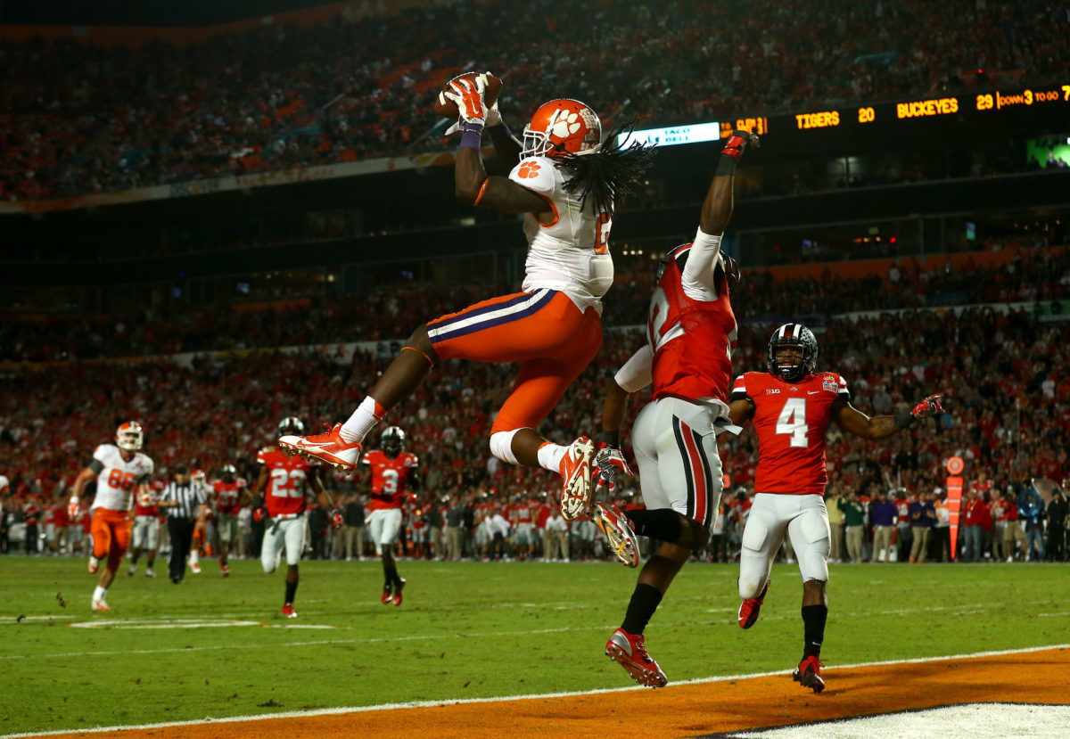 Sammy Watkins of the Clemson Tigers catches a touchdown in the third quarter against Doran Grant #12 of the Ohio State Buckeyes.