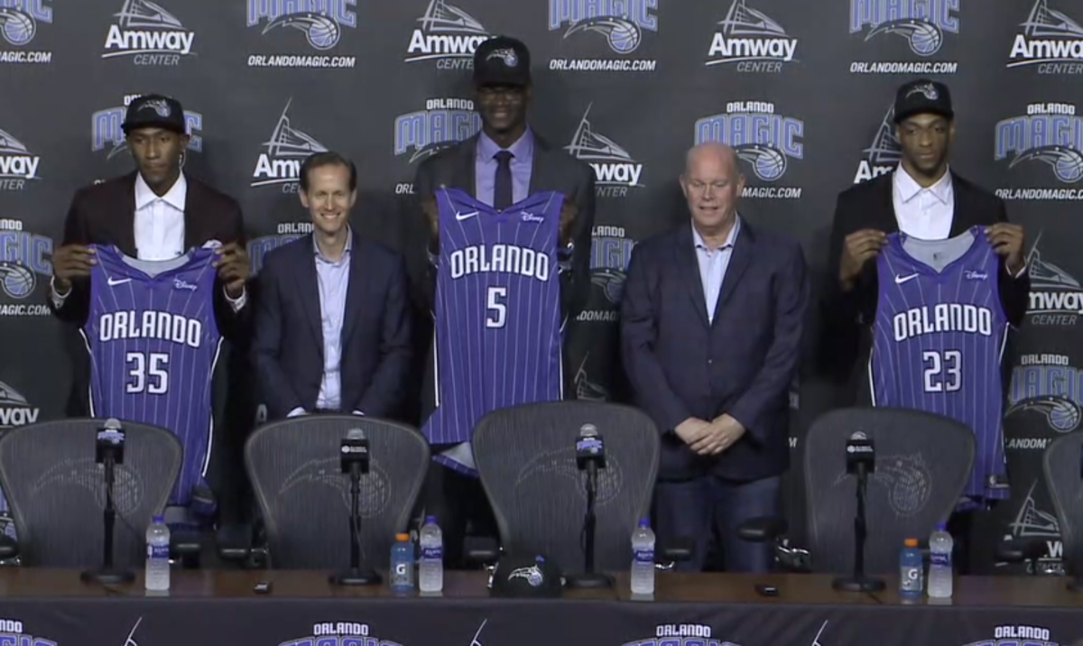 Mo Bamba and the Orlando Magic rookie class show off their jerseys.