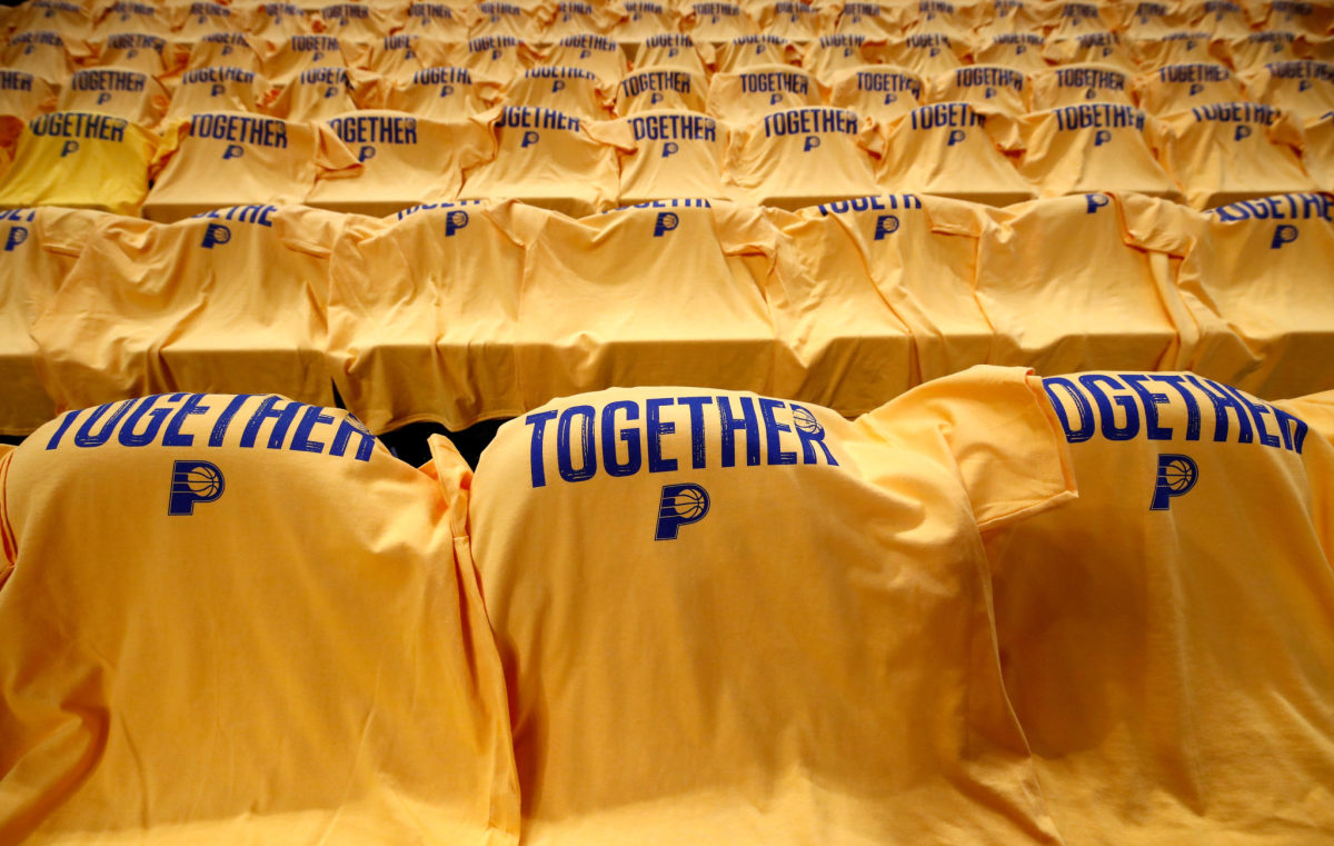 Yellow Indiana Pacers t-shirts in the Pacers stadium.