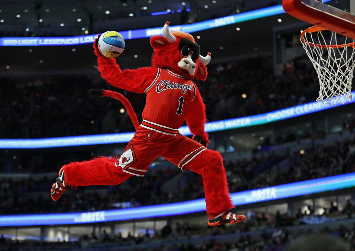 Benny, the mascot for the Chicago Bulls, performs during a break between the Bulls and the New Orleans Pelicans at the United Center.