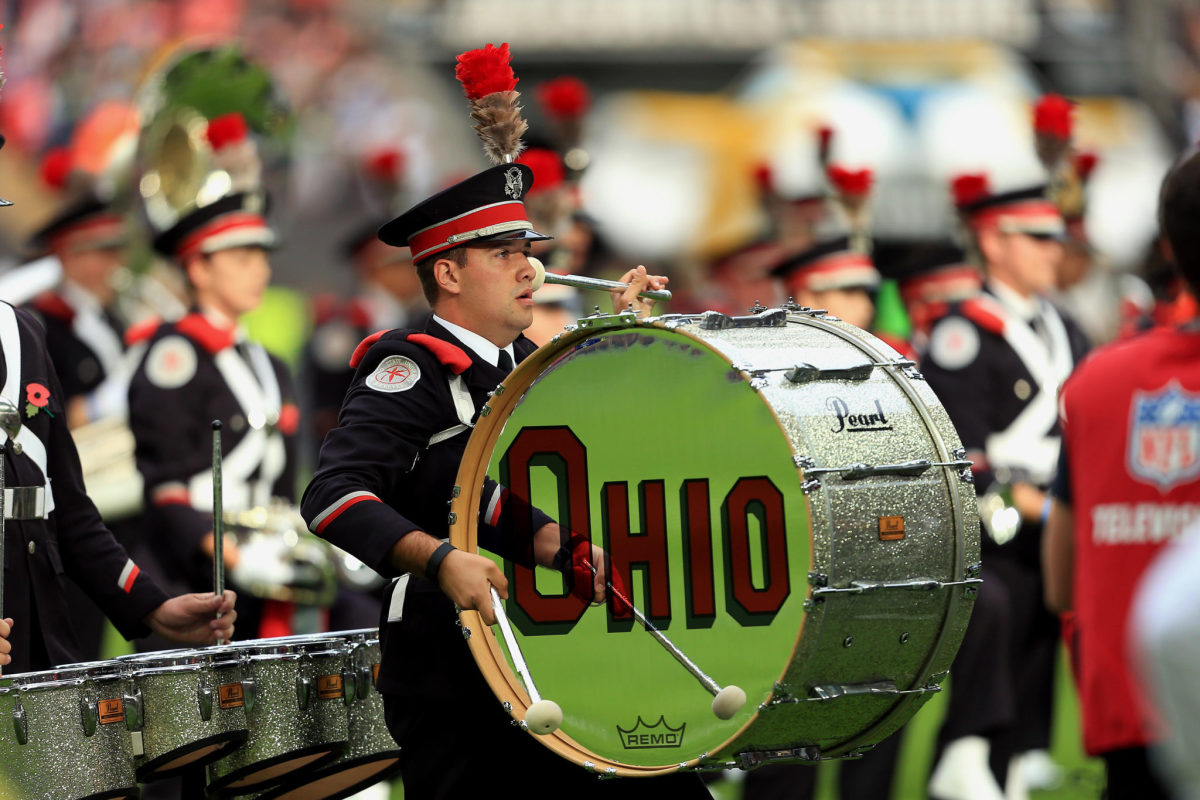 The Ohio State band playing during a football game.