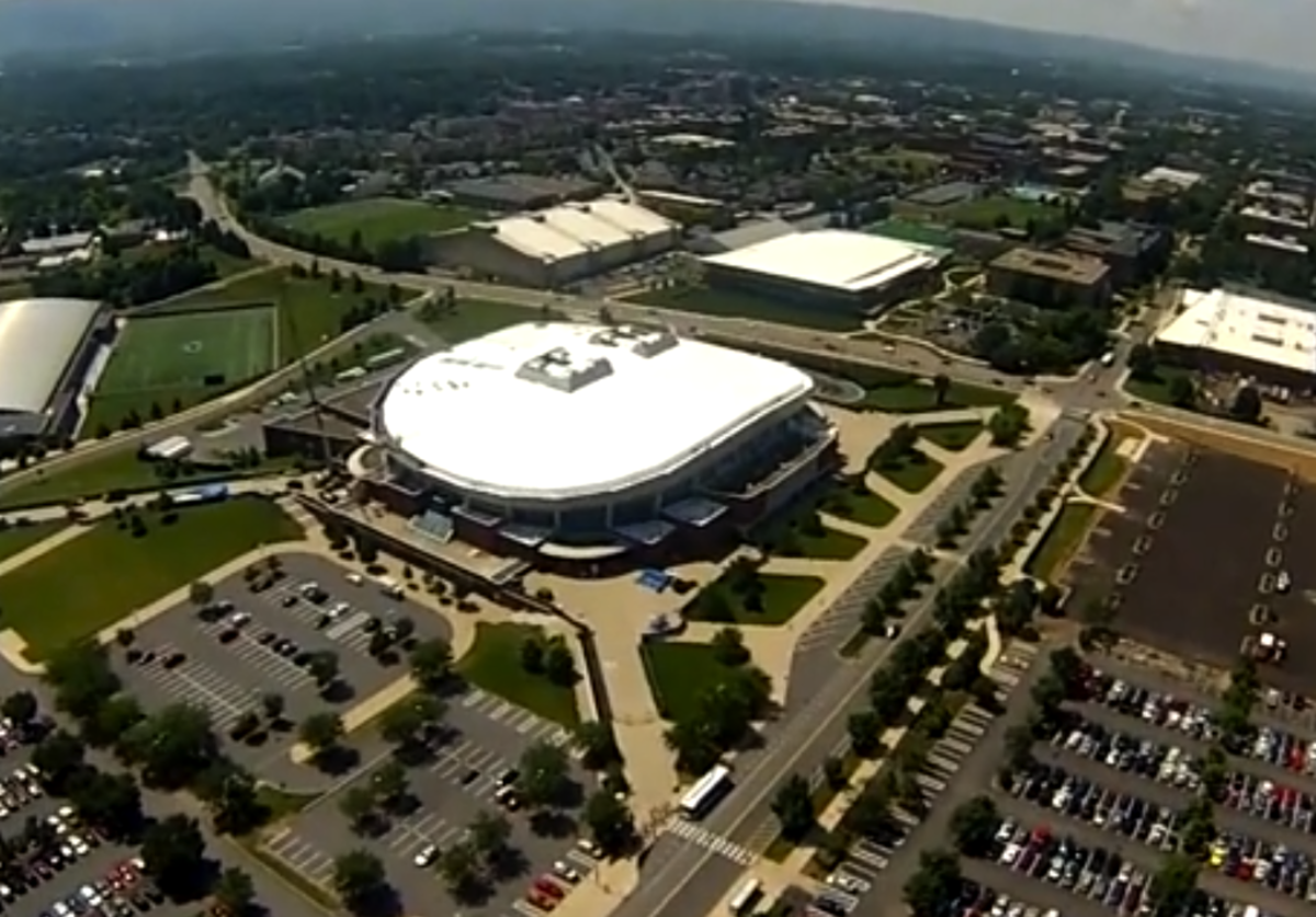 An aerial shot of Penn State's Bryce Jordan Center.