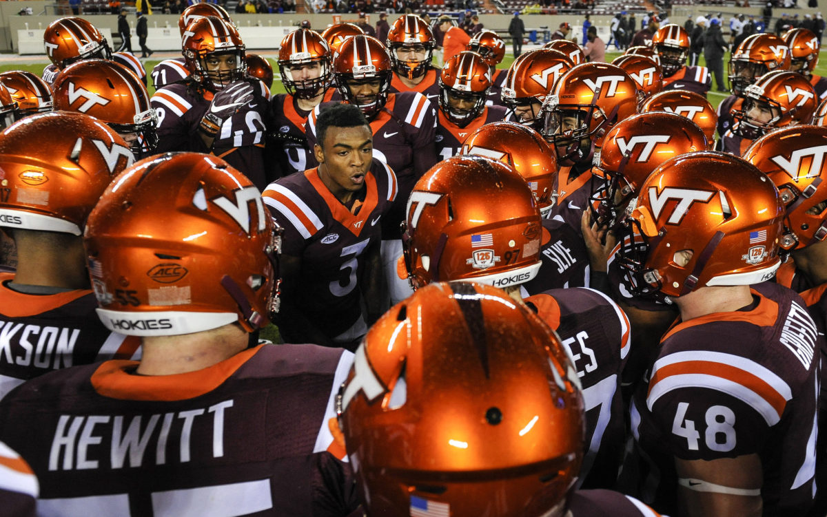 BLACKSBURG, VA - OCTOBER 28: Cornerback Greg Stroman #3 of the Virginia Tech Hokies and his teammates  huddle prior to game against the Duke Blue Devils at Lane Stadium on October 28, 2017 in Blacksburg, Virginia. (Photo by Michael Shroyer/Getty Images)