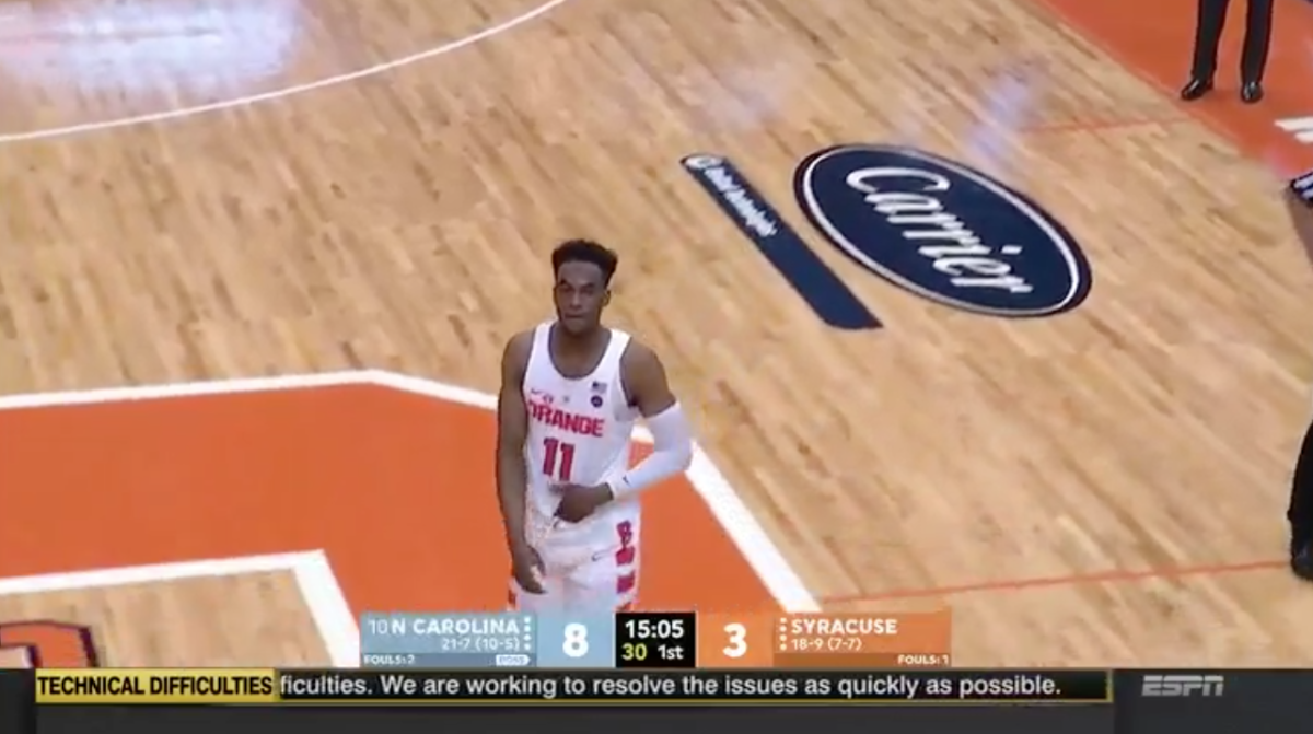A Syracuse player looks at the ceiling.