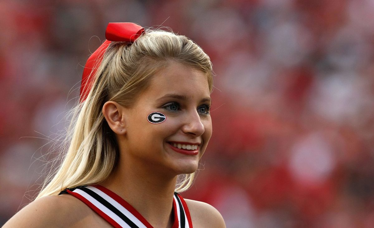 A closeup of a Georgia Bulldogs cheerleader.