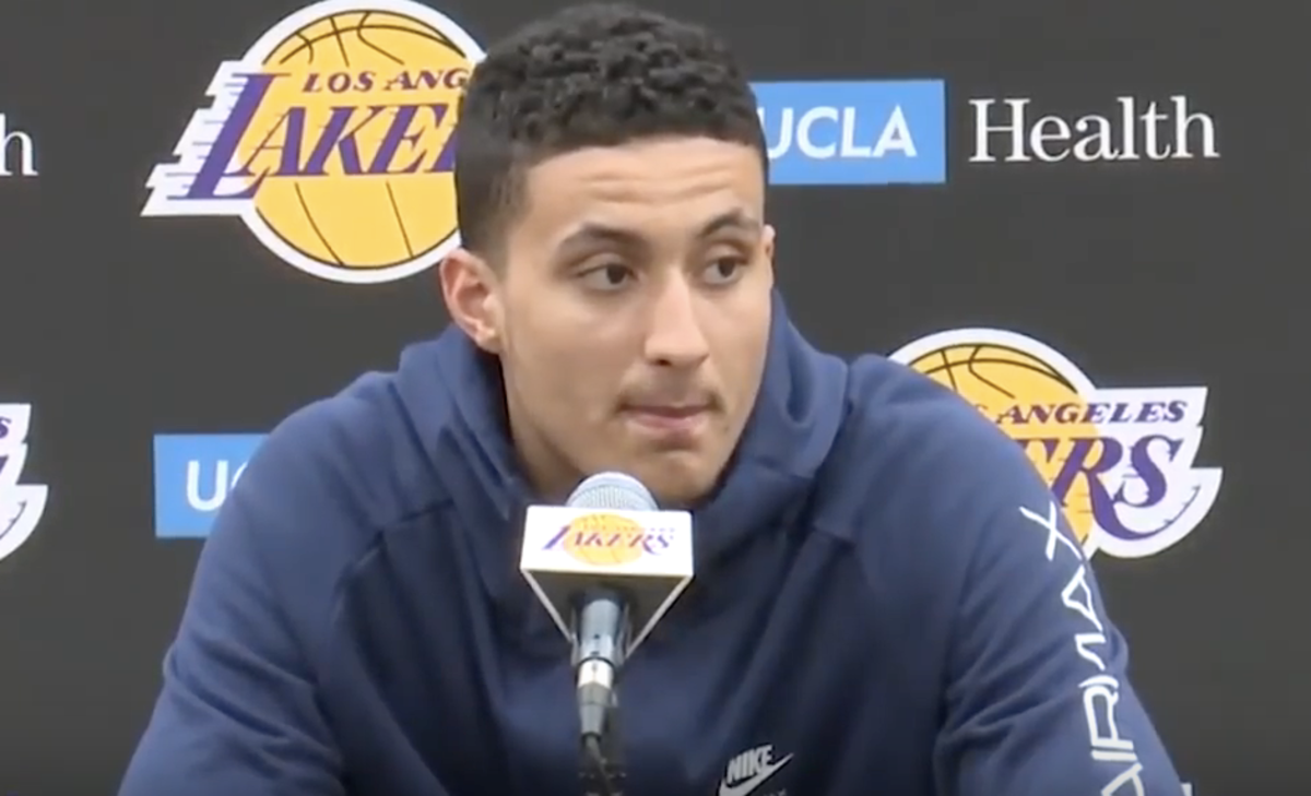kyle kuzma speaks at a lakers press conference