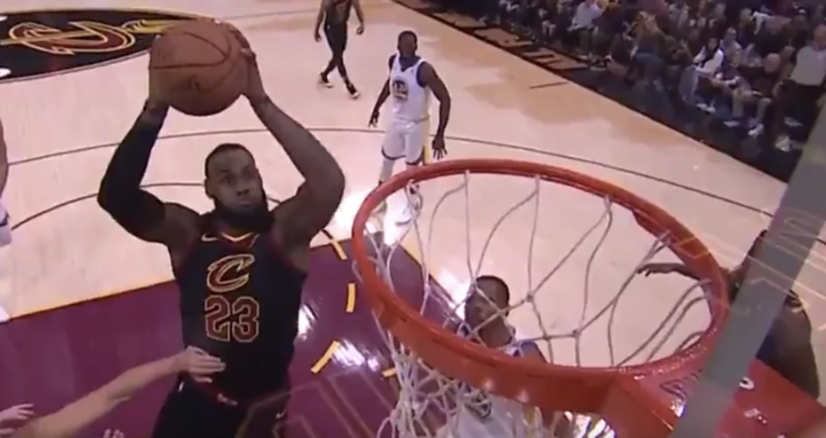 lebron james dunks it off the backboard in game 3 vs. the warriors