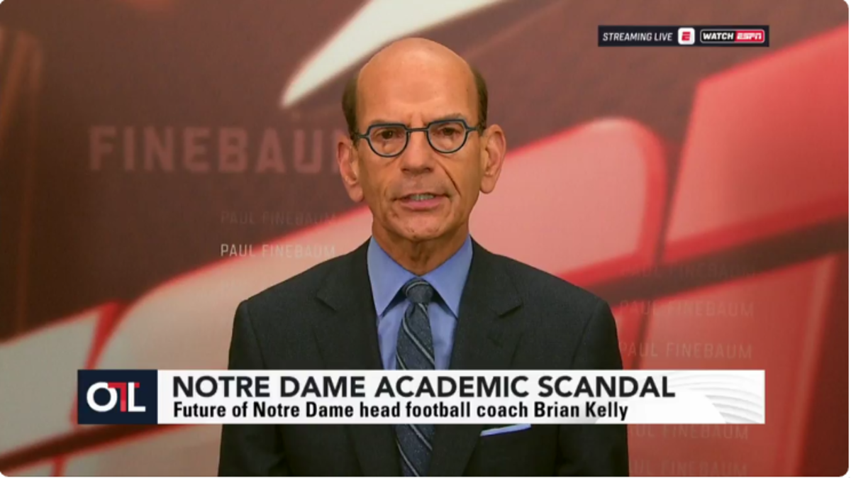Paul Finebaum speaks on screen about Notre Dame.