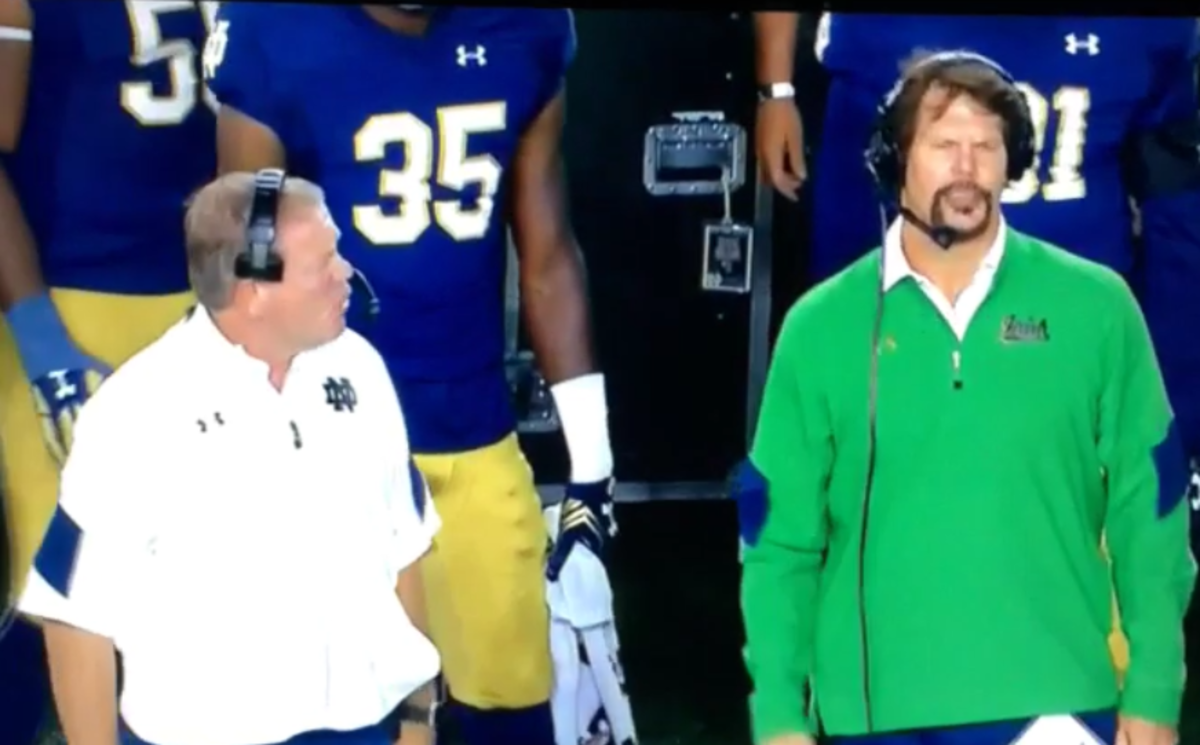 Brian Kelly standing next to Notre Dame defensive coordinator Brian VanGorder.