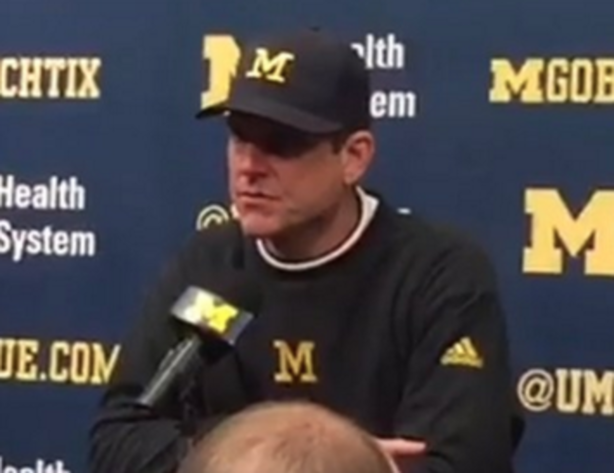 Jim Harbaugh talks about Rutgers trash talk during halftime of their game during a press conference.