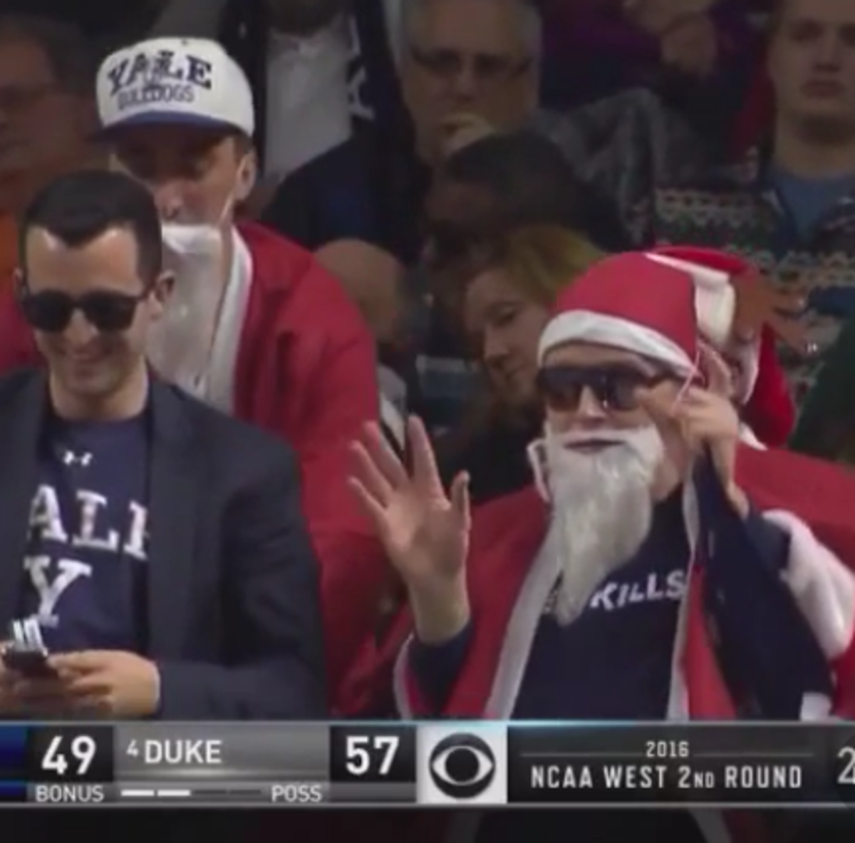 A Yale fan dressed up as Santa.