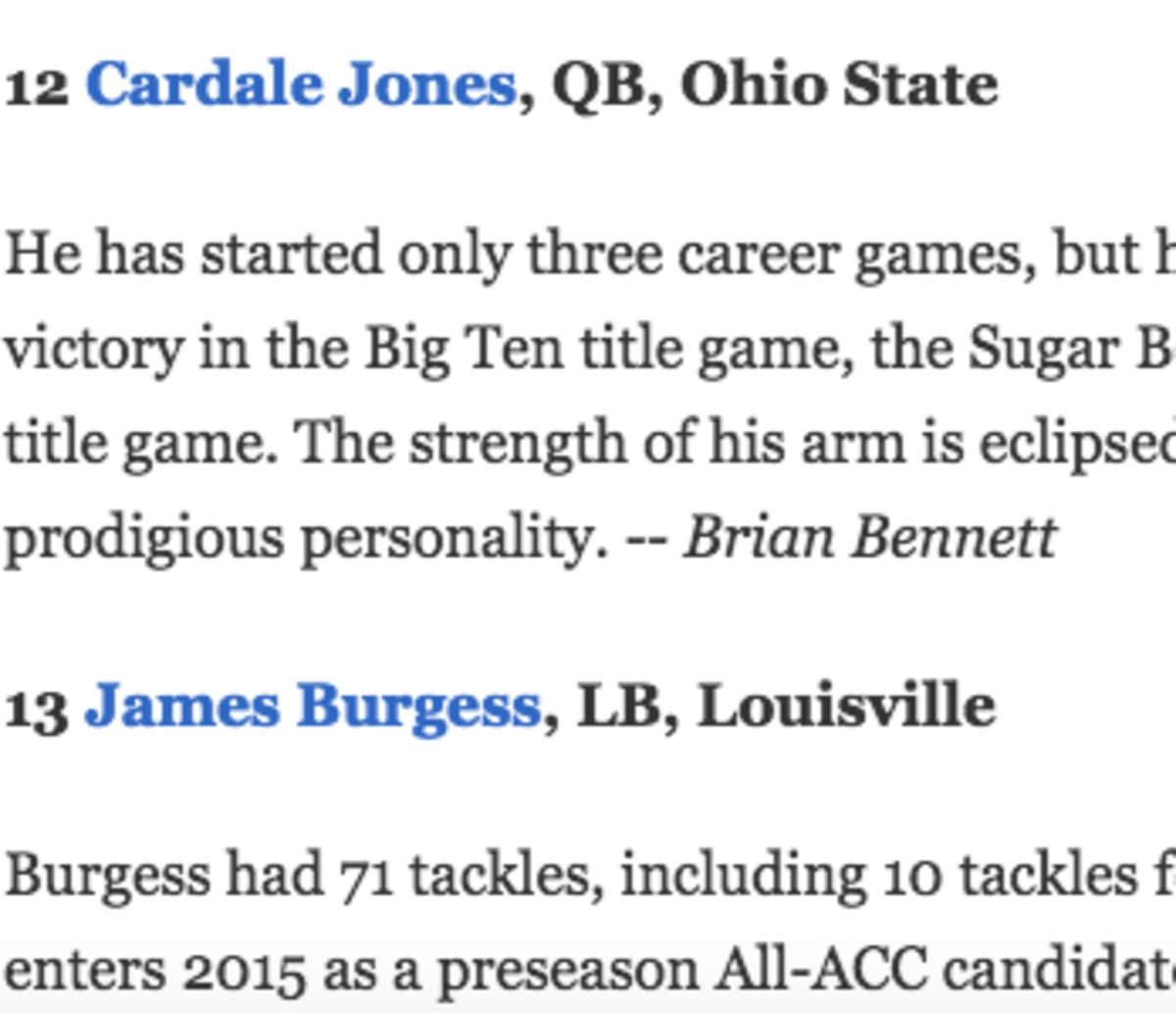An article names Cardale Jones the best No. 12 in college football.