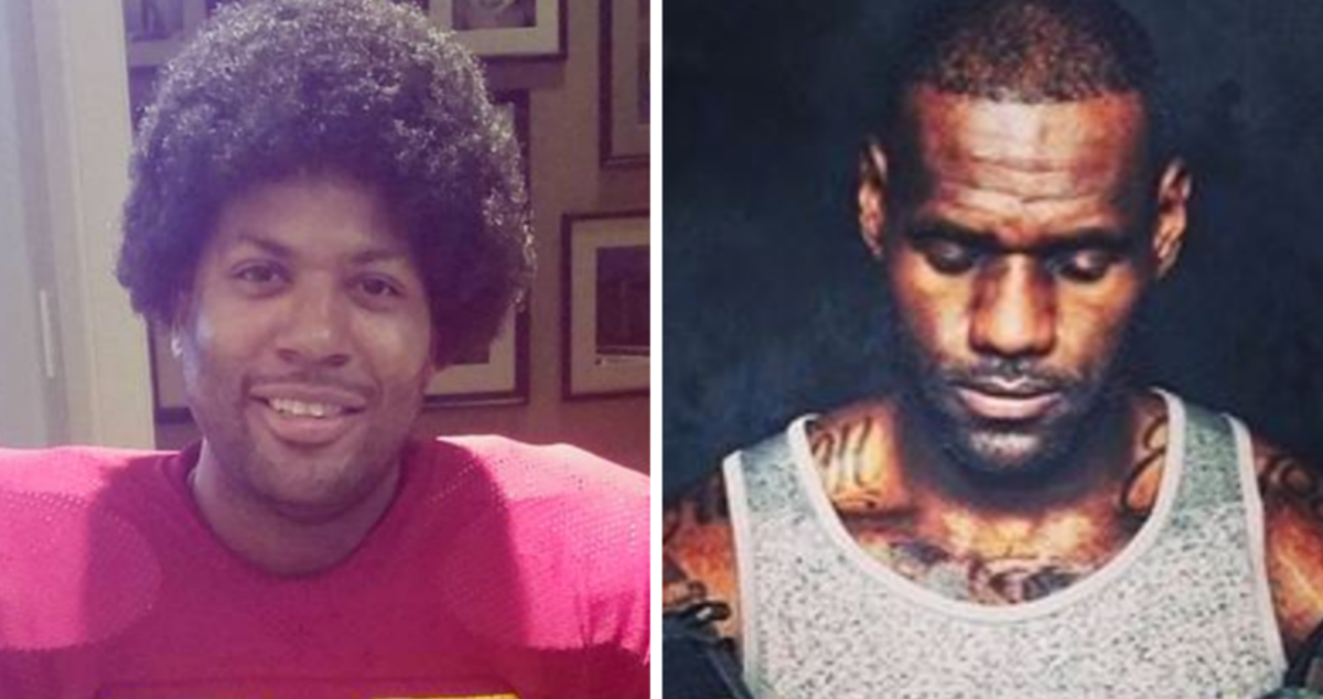 A side-by-side photo of LeBron and his friend who is dressed as O.J. Simpson