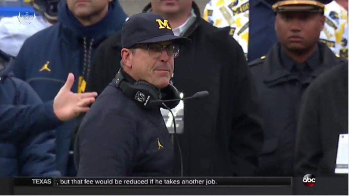 Jim Harbaugh gets upset on the sideline against Ohio State.