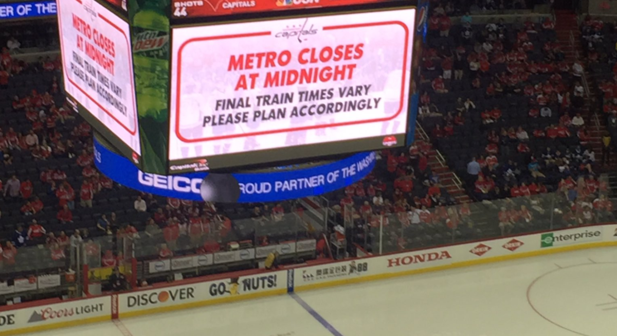 Jumbotron mentions when the last trains leave the station during an OT game.