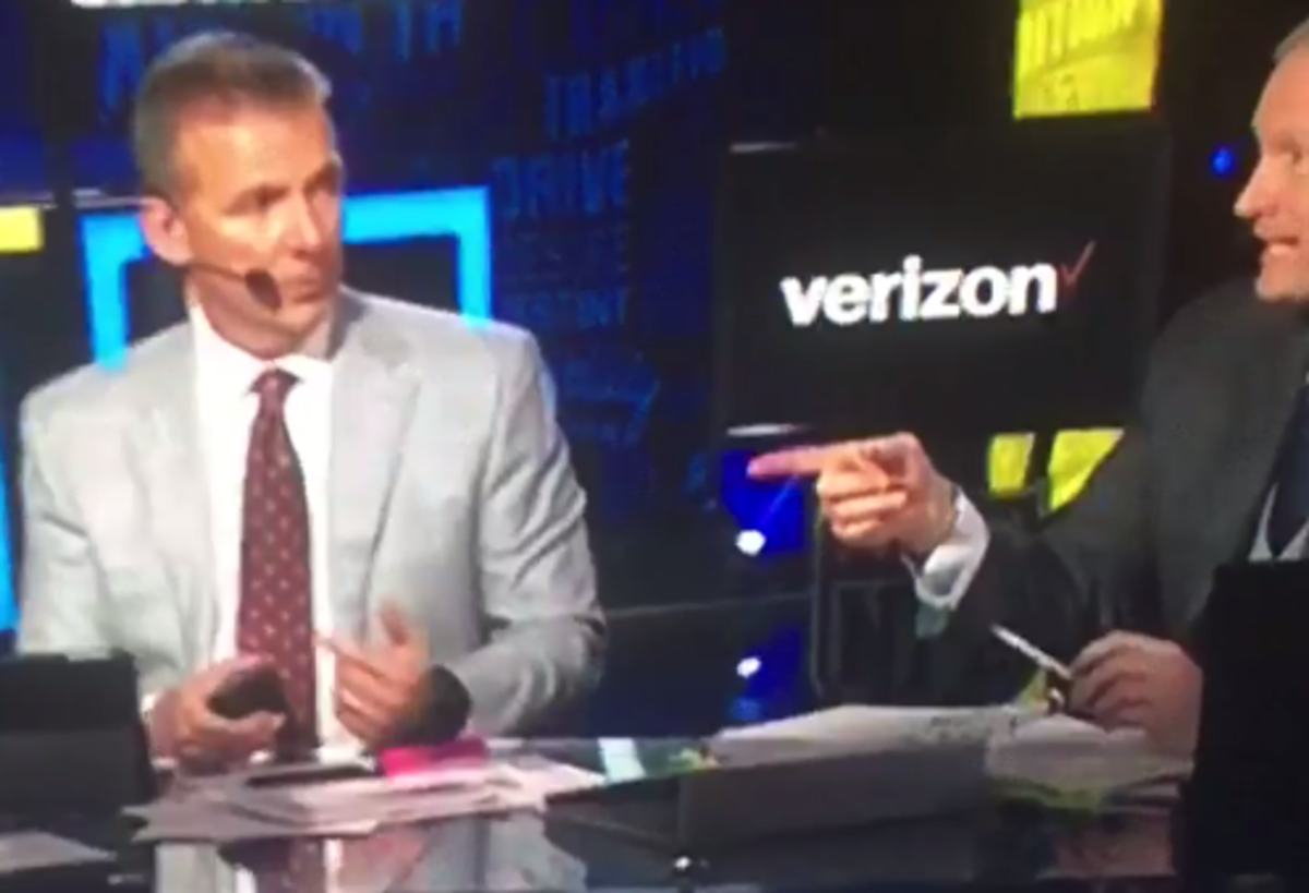 Urban Meyer tries to talk but Mike Mayock stops him.