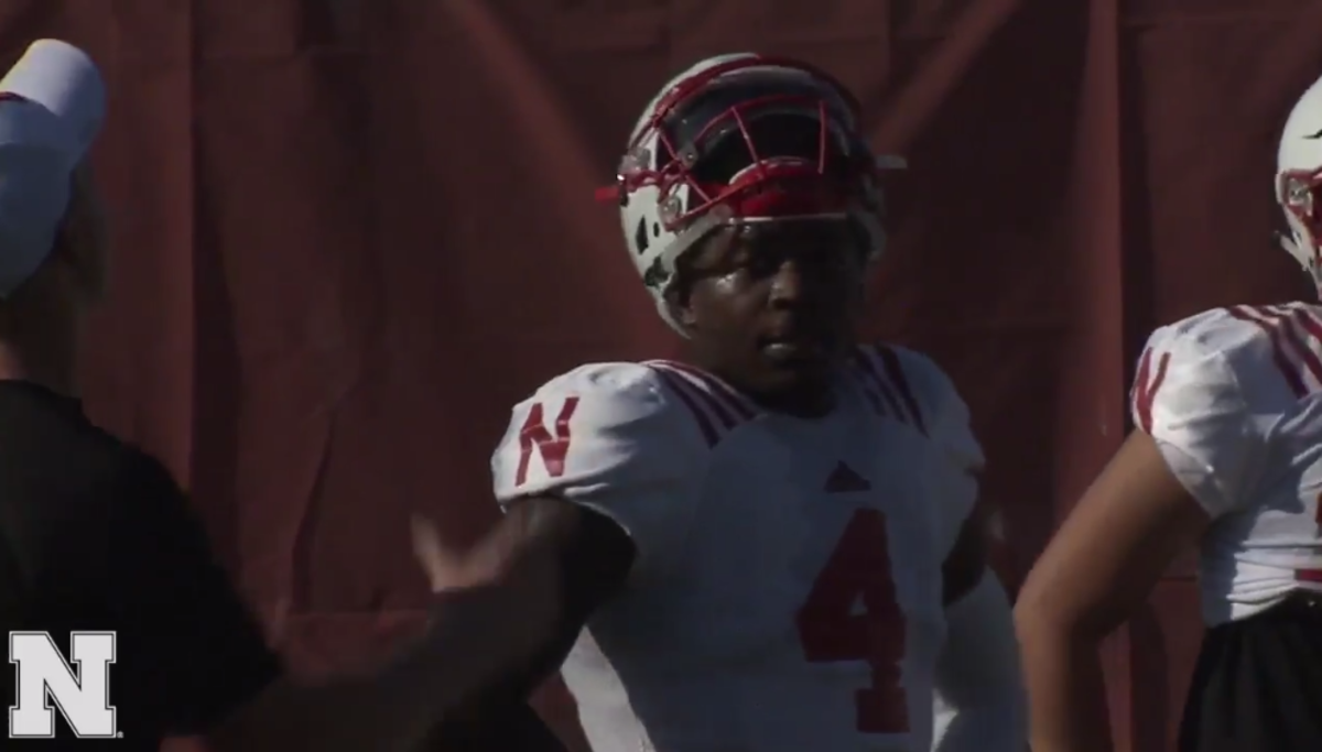 Nebraska quarterback Tommy Armstrong with his helmet lifted.