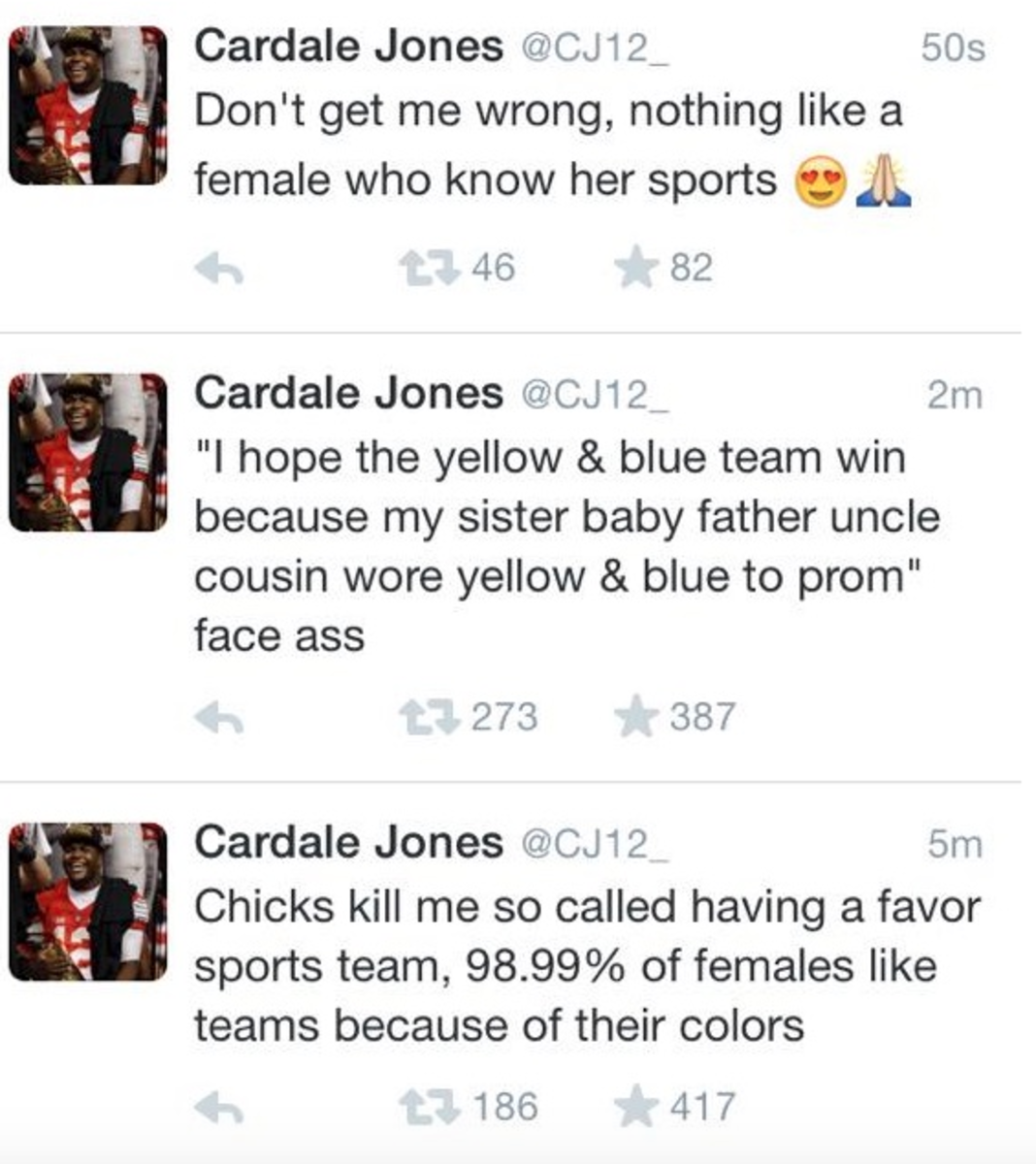 Cardale Jones posts seeral tweets about women and sports.
