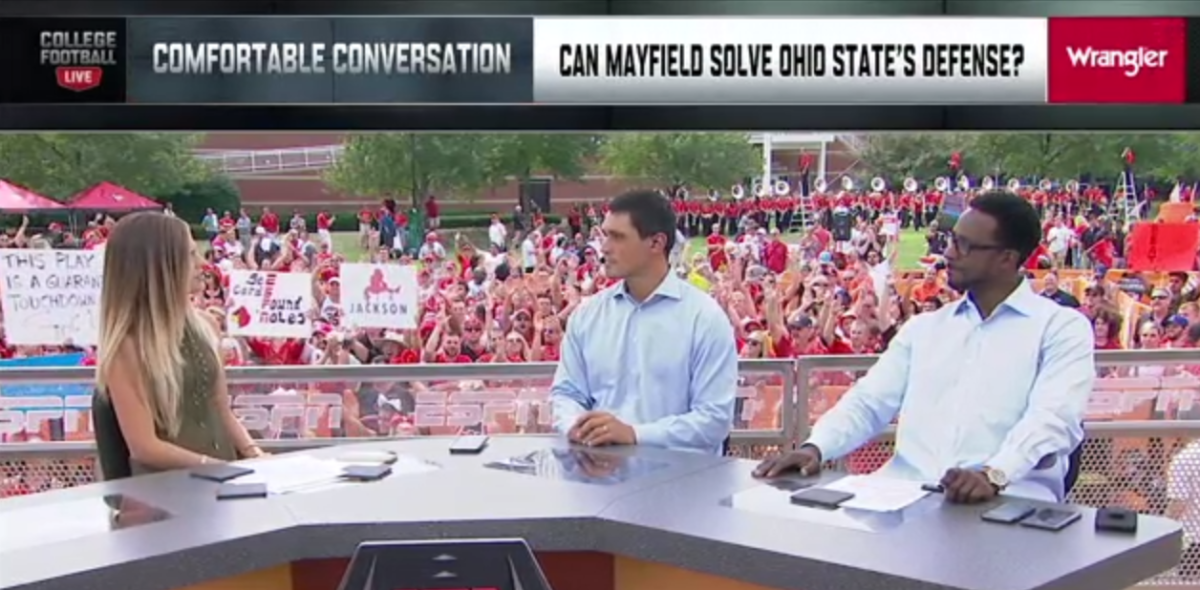 The College GameDay crew discussing Baker Mayfield's chances against Ohio State's defense.