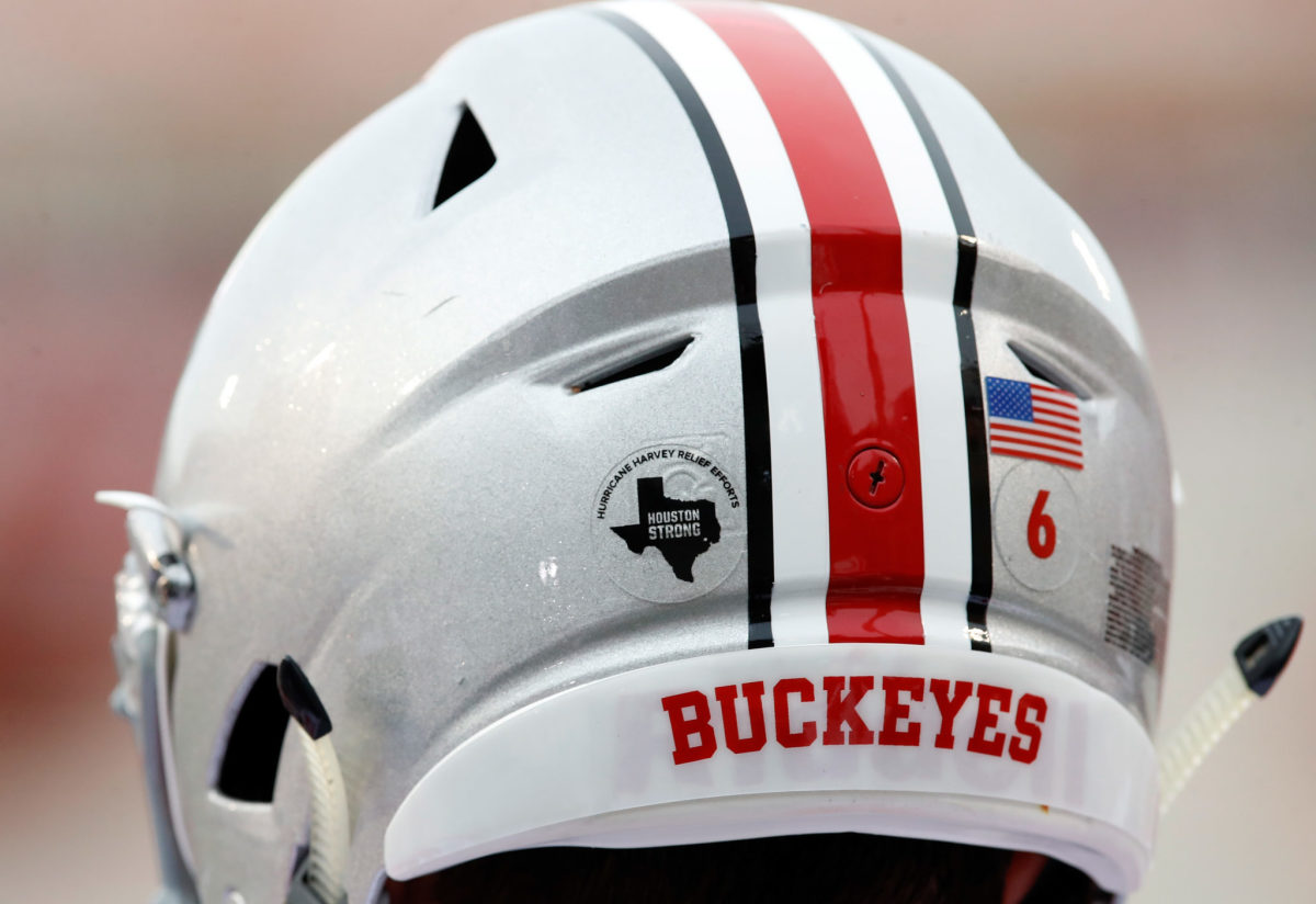 A closeup of an Ohio State buckeyes football helmet.