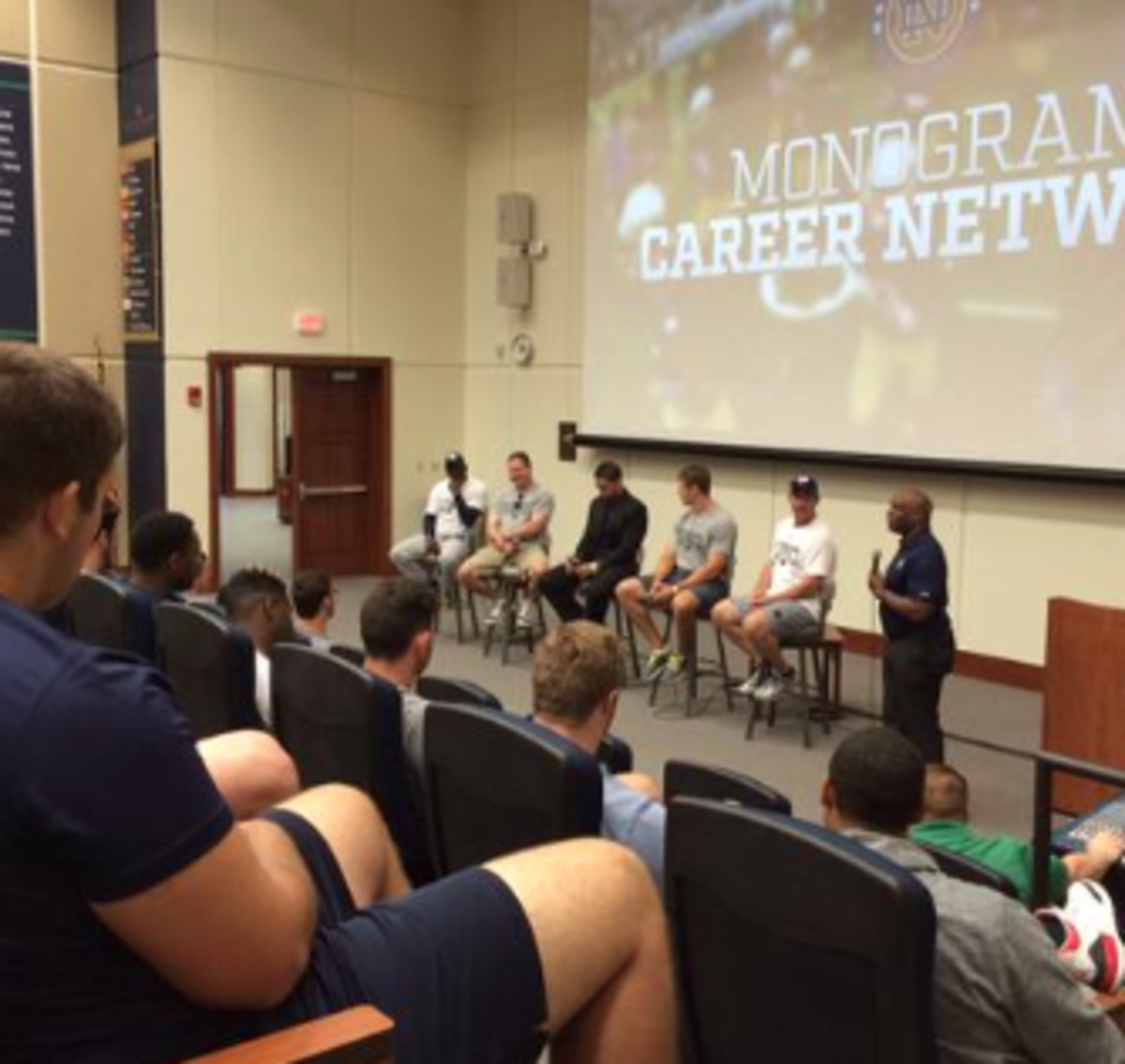 Manti Te'o and Tim Brown among other alumni talking to the Notre Dame football team.