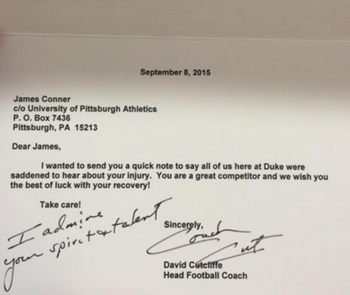 Duke coach David Cutcliffe's heartfelt letter to Pitt runningback James Conner.