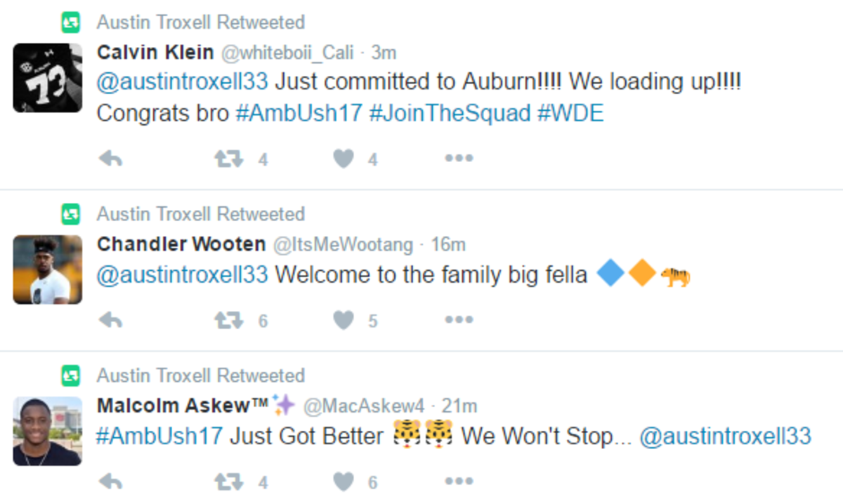 Players react on Twitter to Austin Troxell commitment.