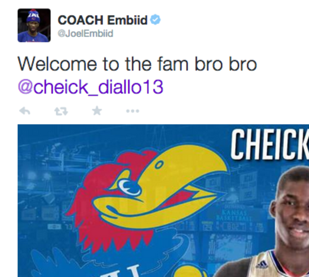 Kansas Joel Embiid sens a tweet welcoming Cheick Diallo to the Jayhawks.