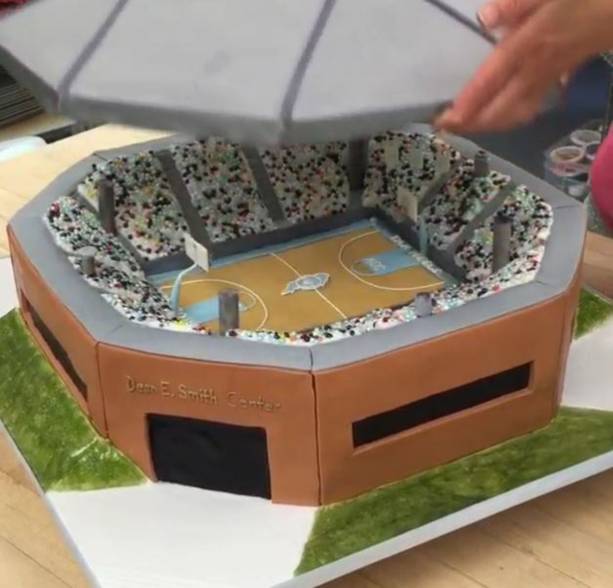 The inside of the Dean Dome cake is unveiled.