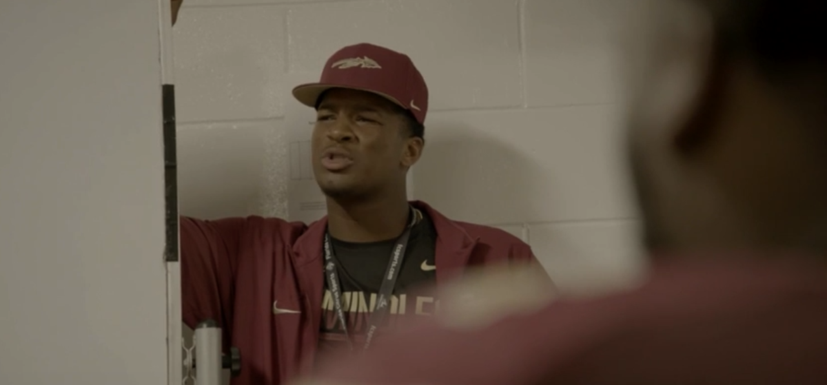 Jameis Winston giving a halftime speech to Florida State's players