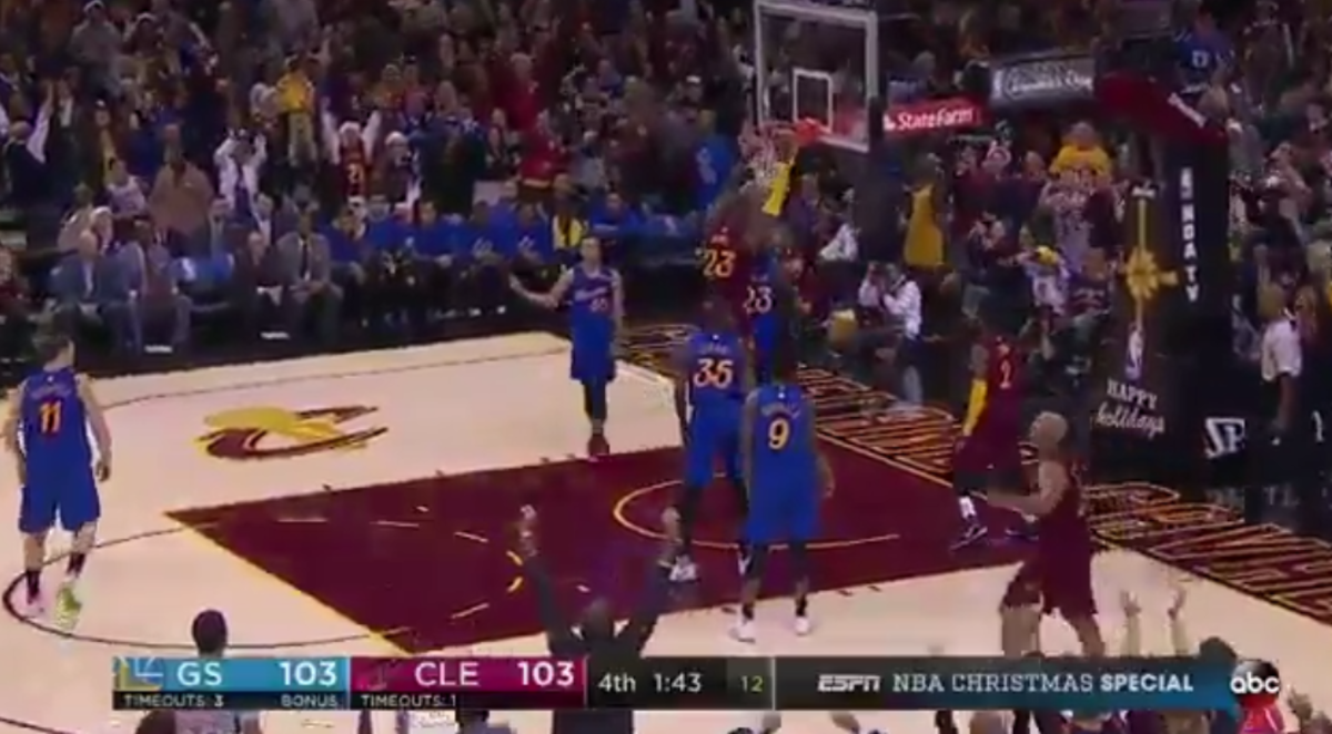 LeBron James was not called for a tech for hanging on the rim against the Warriors.