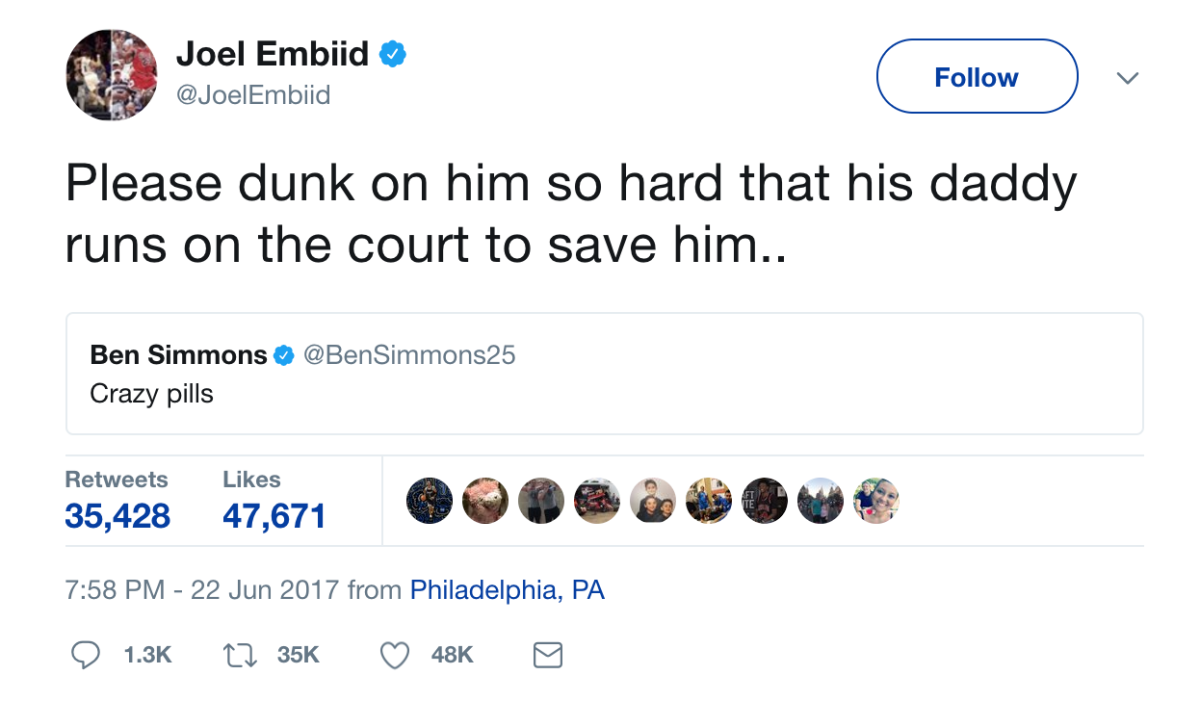 A screenshot of Joel Embiid's tweet about Lonzo Ball.