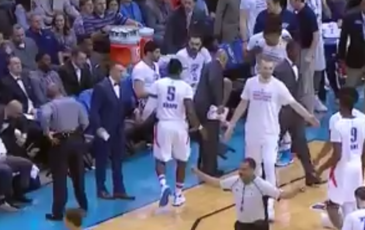 Enes Kanter injures himself on a chair.