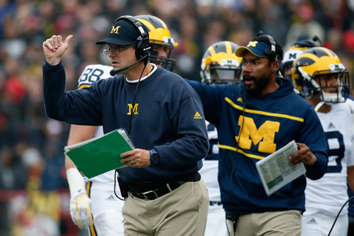 Head coach Jim Harbaugh of the Michigan Wolverines reacts to a first half call against the Maryland Terrapins.