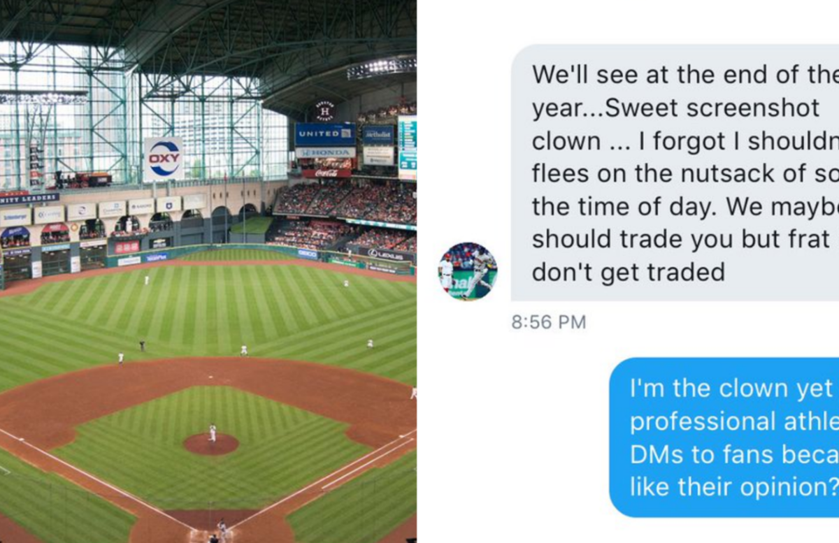 A split screen of a Twitter DM and a baseball field.