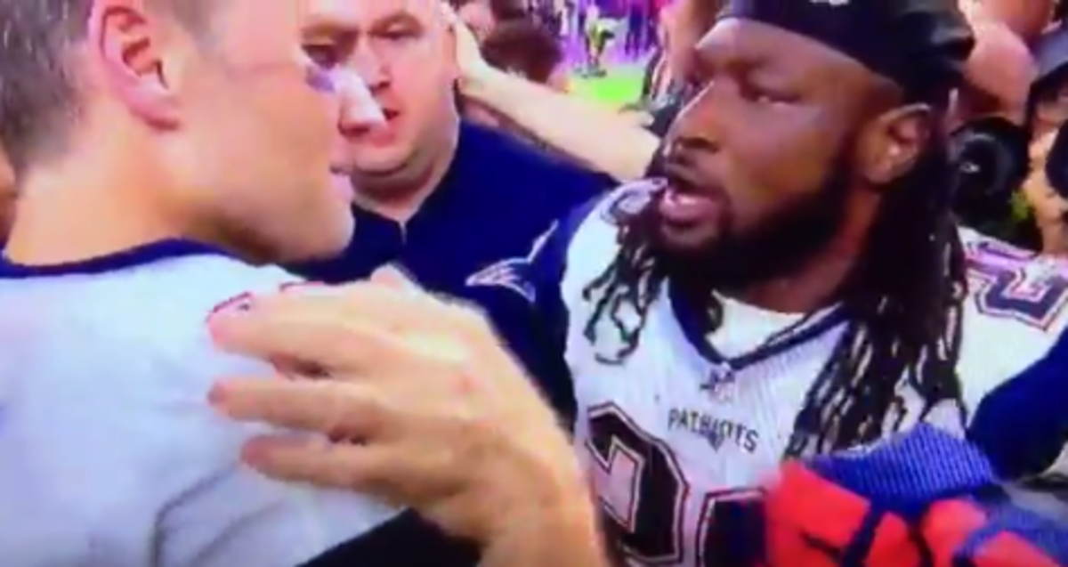 LaGarrette Blount congratulates Tom Brady on another Super Bowl title.