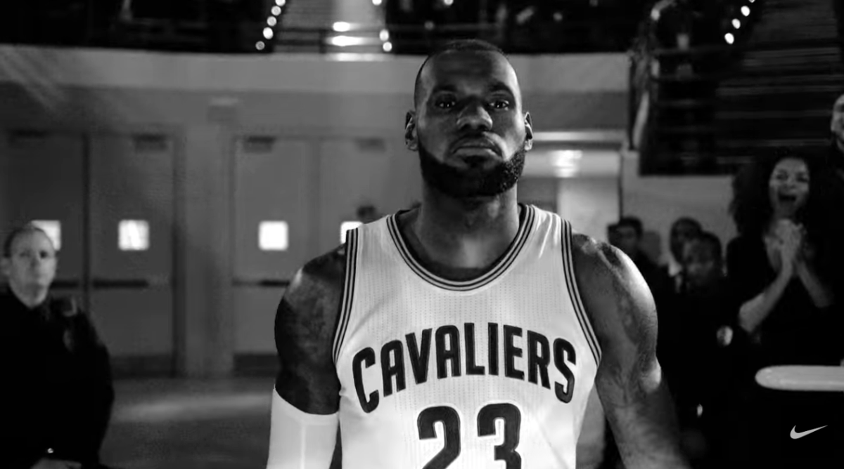LeBron James in a black and white Nike commercial.