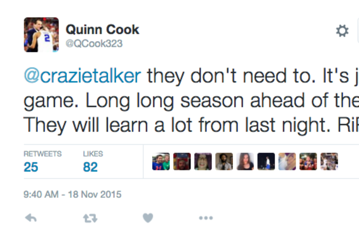 Quinn Cook of Duke tweets great message after loss to Kentucky.