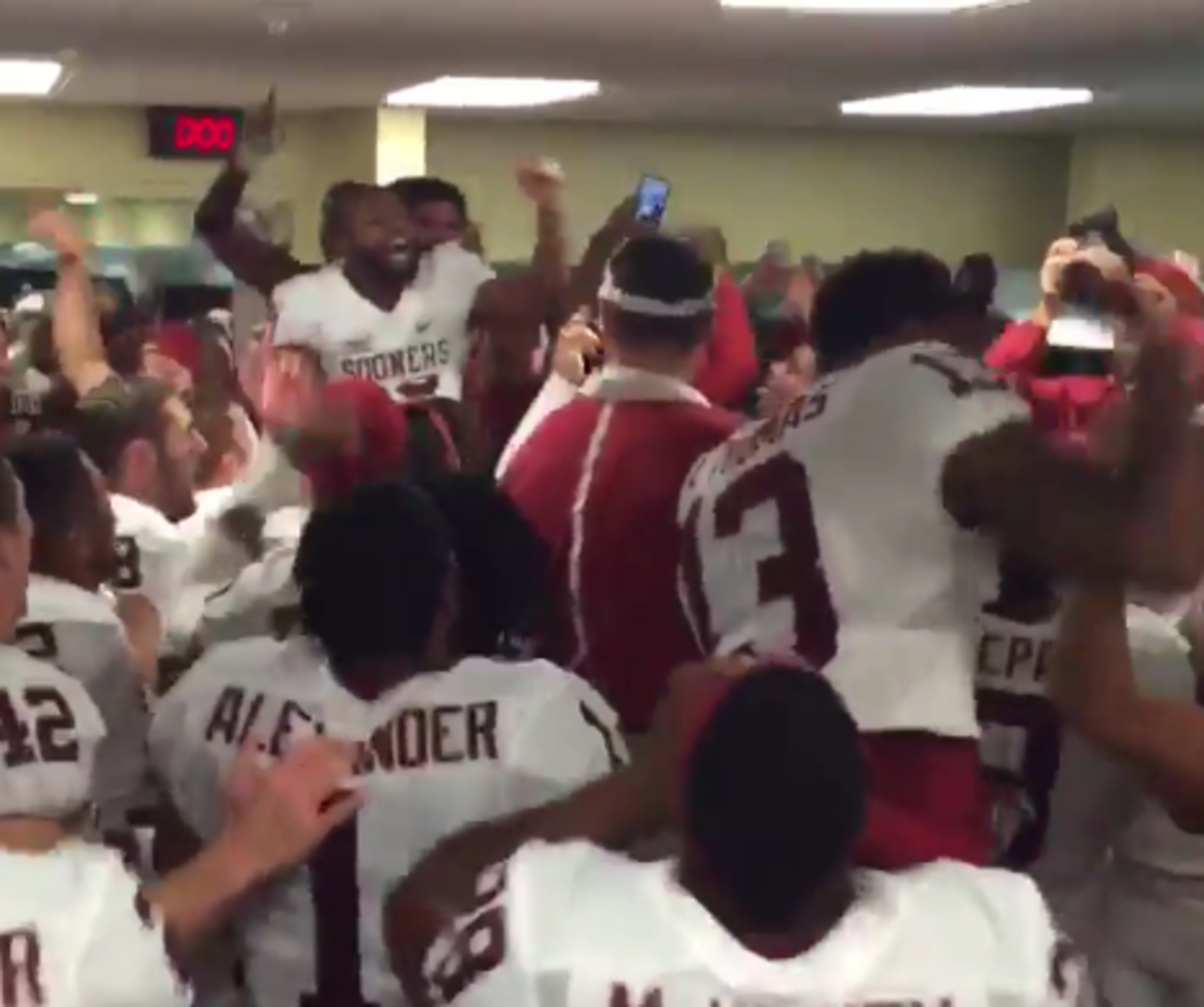 Oklahoma players celebrate after beating Baylor.