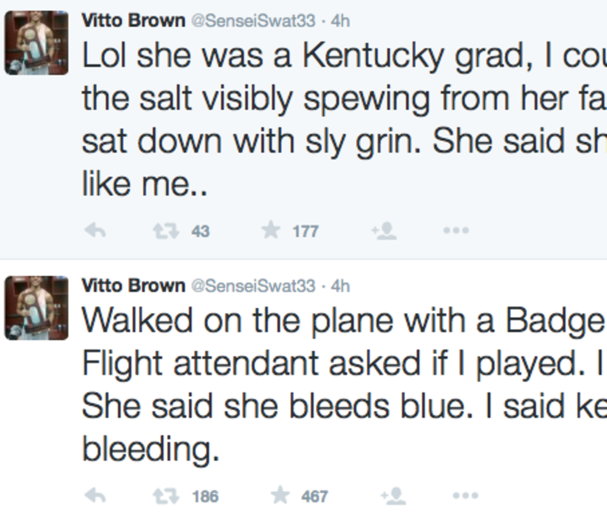 Wisconsin Forward Vitto Brown talks about his interaction with a flight attendant.
