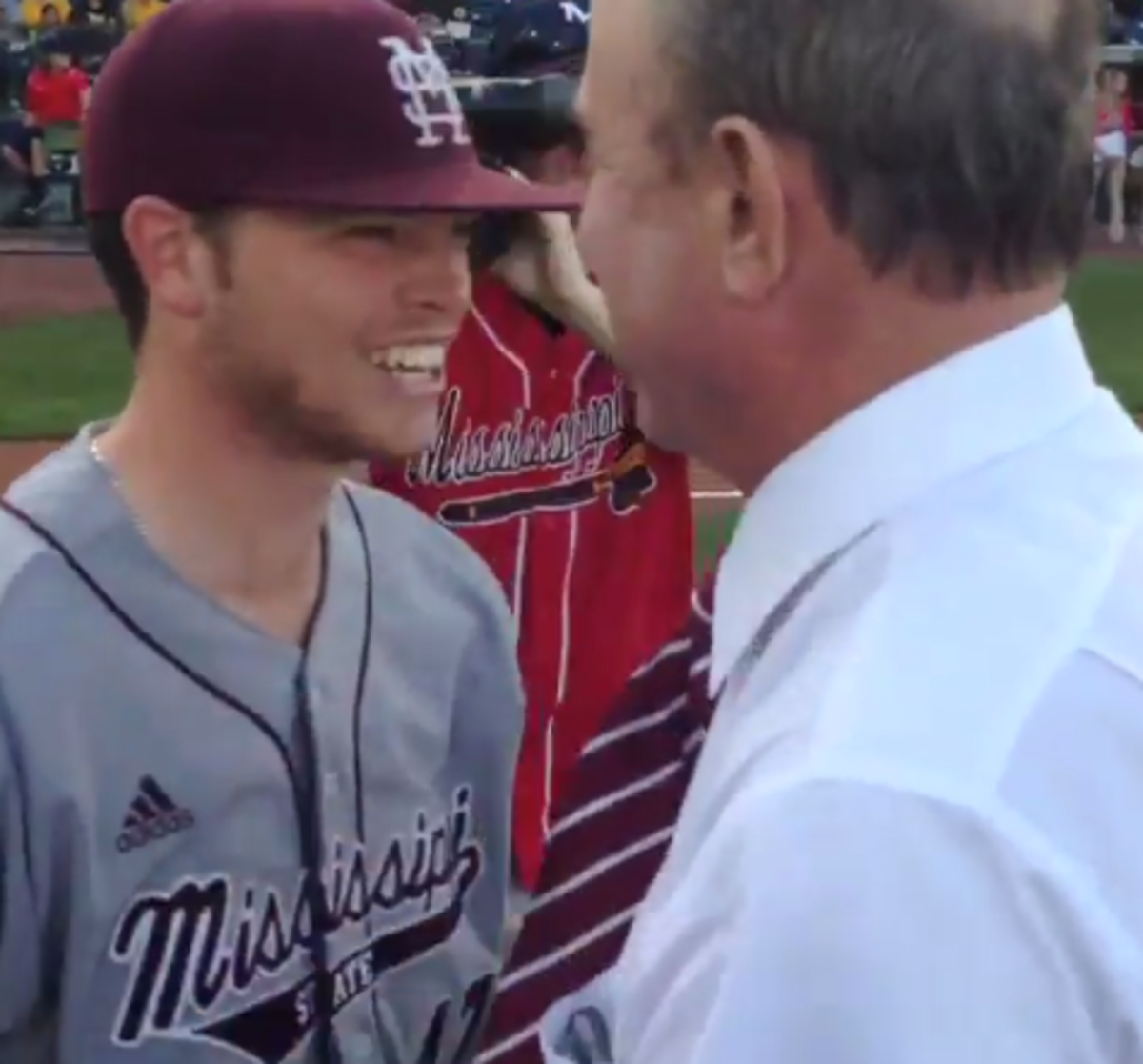 Ben Howland throws out first pitch at Mississippi State.