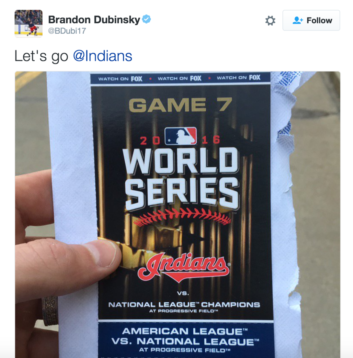 An NHL player shows his Game 7 ticket for the World Series.