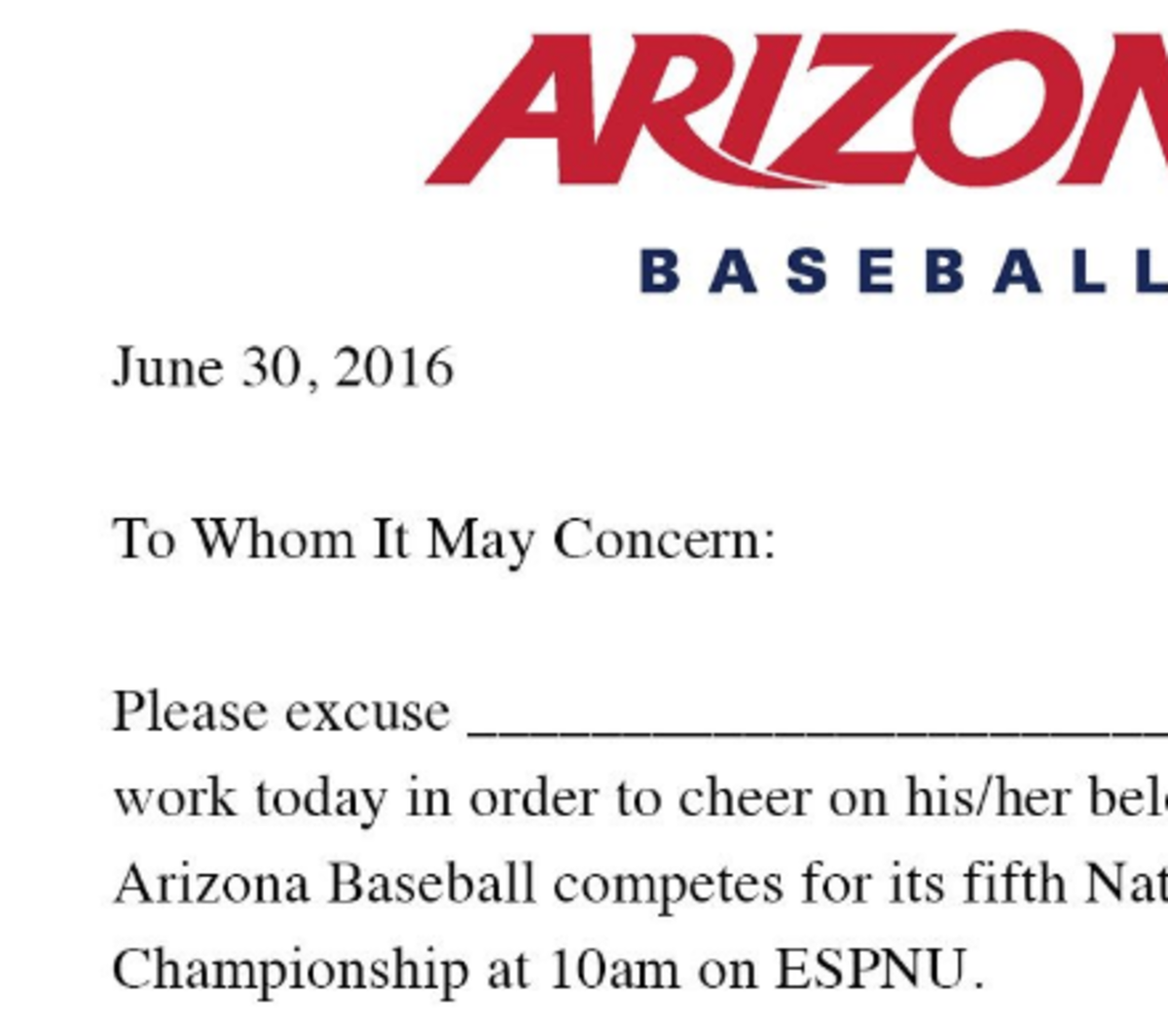 Arizona's athletic director releases a note about CWS title game.