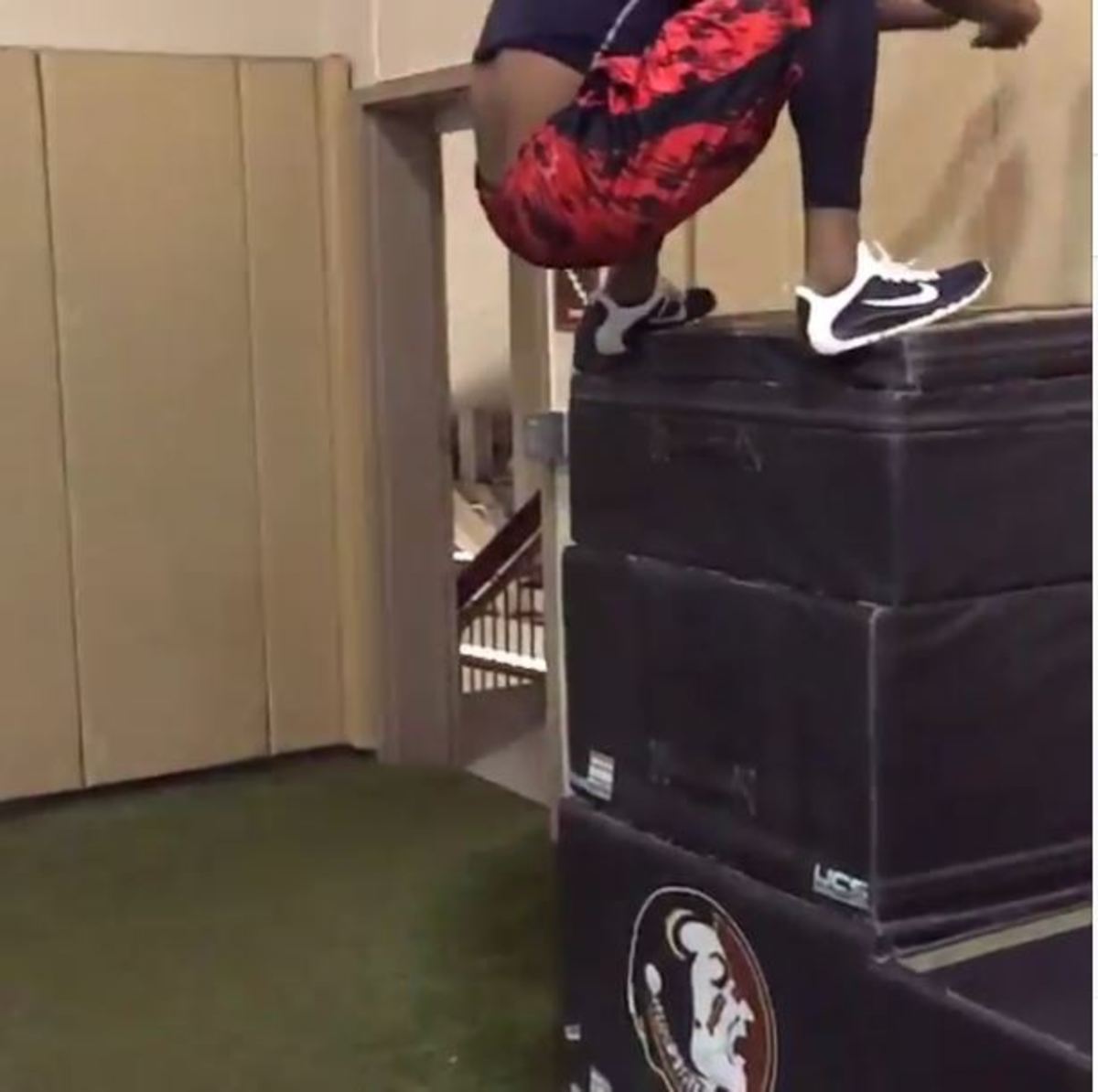 P.J. Williams performs a box jump.