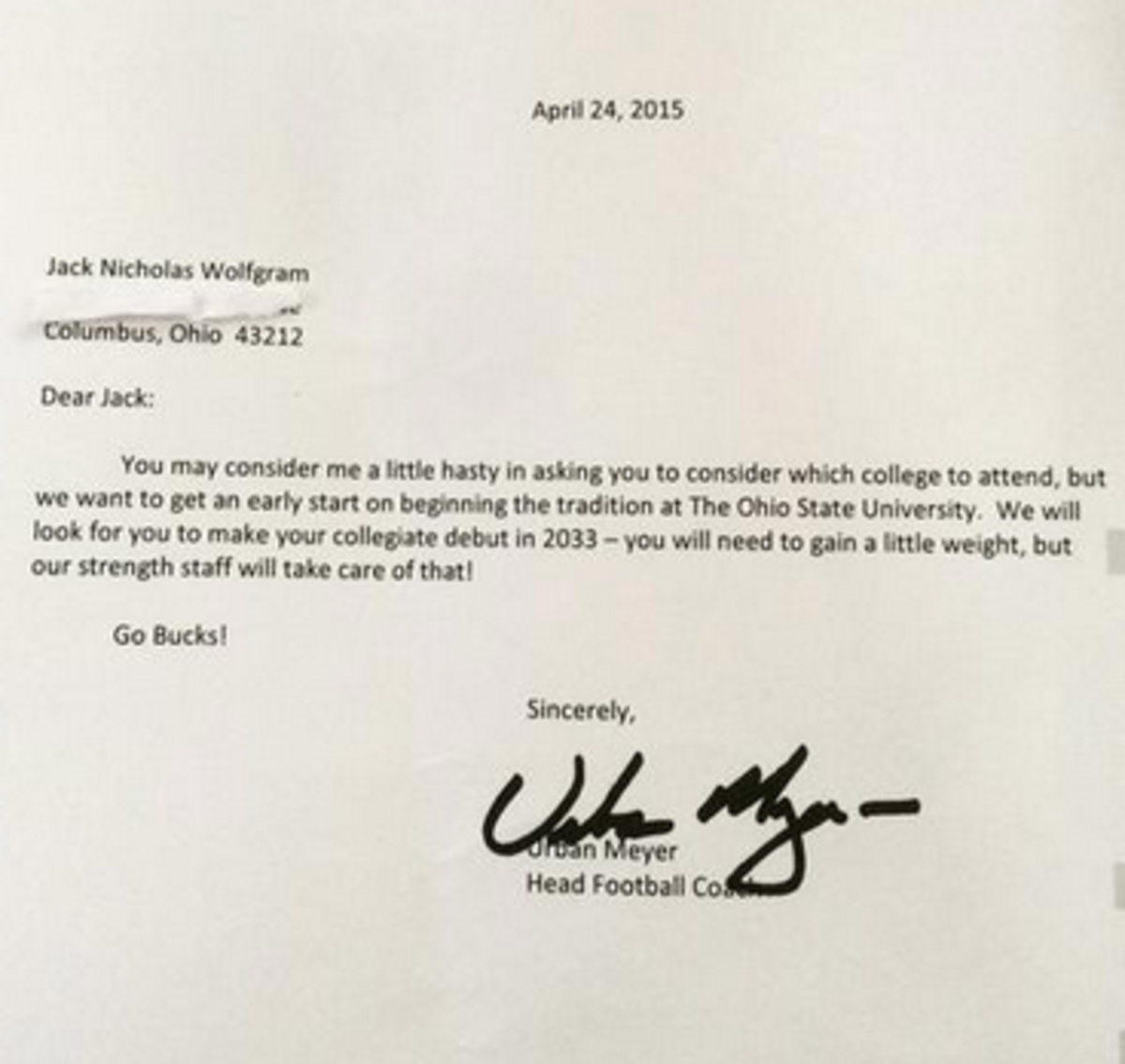 Urban Meyer writes a funny recruiting letter to 3 month old.