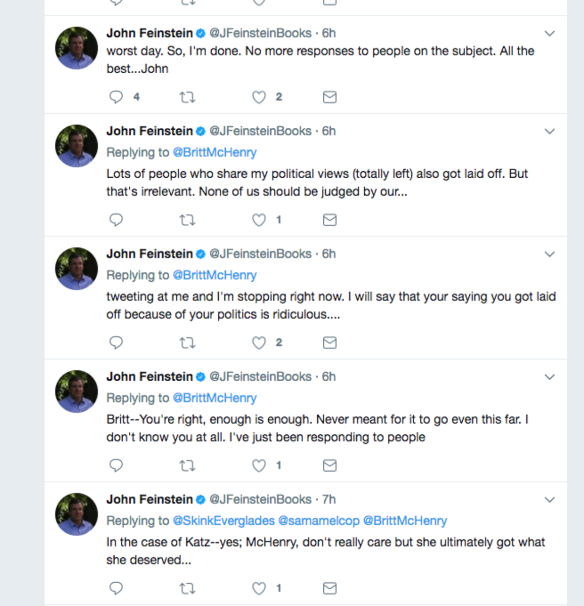 A screenshot of John Feinstein tweets.